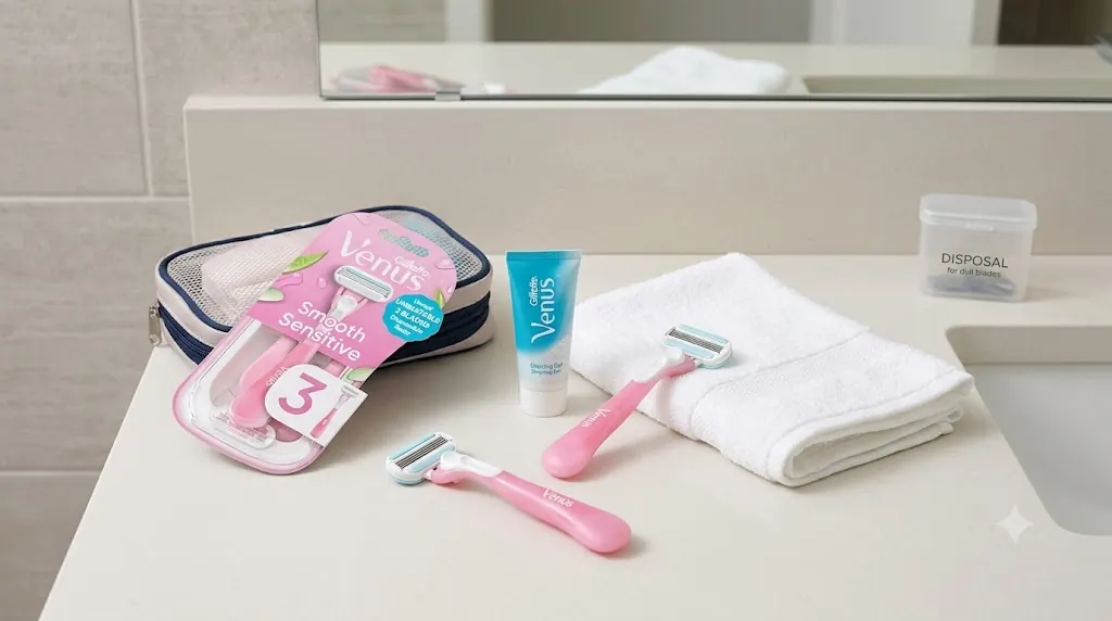 Venus Sensitive disposable razors arranged on a bathroom counter with shaving gel, a towel, and a dull-blade disposal cue for a sensitive-skin daily shaving routine.