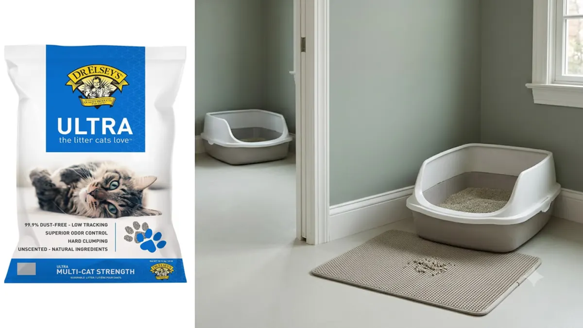 Two litter boxes in separate quiet locations with a mat controlling the exit path beside Dr. Elsey's Ultra litter.