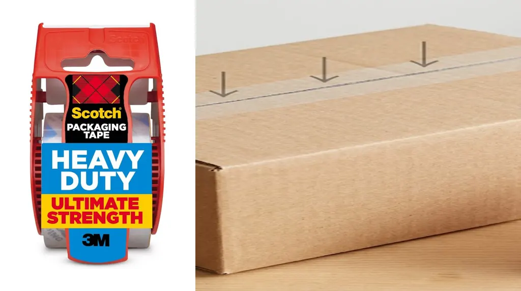 Scotch compact packaging-tape dispenser beside a recycled cardboard box with arrows showing pressure along the clear center-seam tape