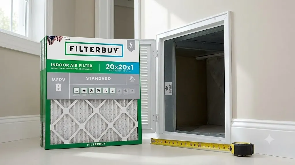 Filterbuy 20x20x1 MERV 8 air filter beside an open return grille and tape measure for replacement size checking