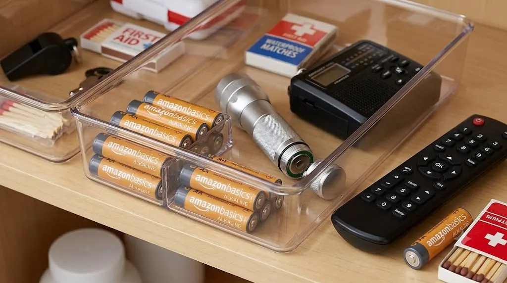 Amazon Basics AA alkaline batteries organized with a flashlight, radio, and remote for an emergency kit and household devices
