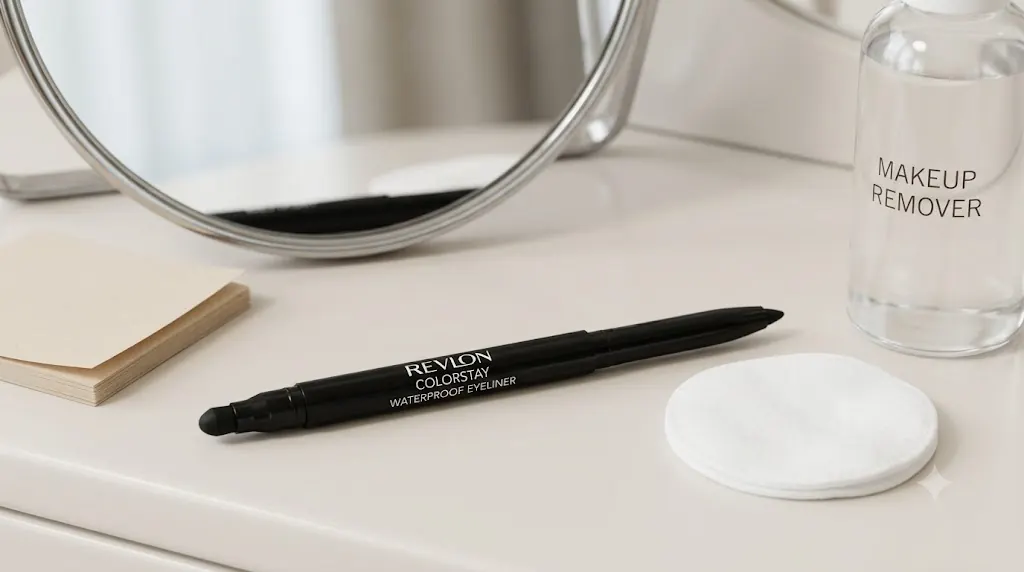 Waterproof pencil eyeliner setup with mirror, cotton pad, and makeup remover for smudge-prone eyes