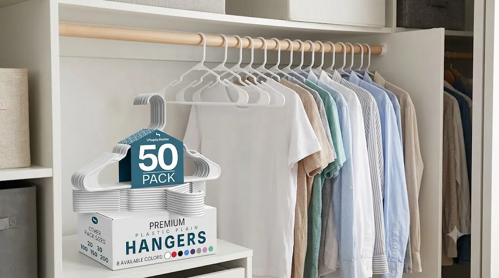 Utopia Home 50-pack white plastic hangers placed in a family closet with light shirts on a rod