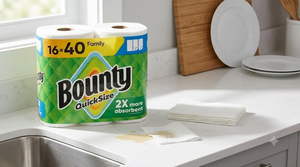 Bounty Quick-Size paper towels beside a small kitchen counter spill and a smaller torn sheet