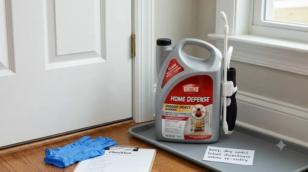 Ortho indoor insect barrier spray staged by a closed door and window for ants roaches and spiders around entry points