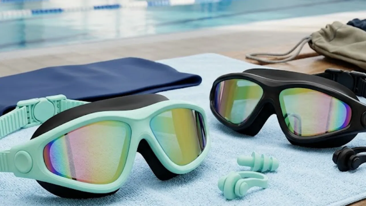 Mint and black wide-seal kids' swim goggles arranged for a pre-lesson fit and strap check beside an indoor pool