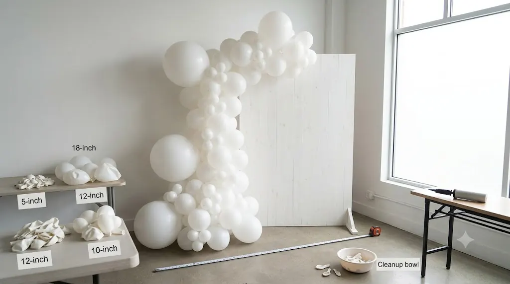 White mixed-size latex balloon garland arranged beside sorted balloon sizes, a tape measure, and a cleanup bowl for party arch setup
