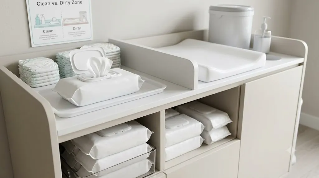Bulk baby wipes at a daycare diaper changing station, with an opened flip-top pack in the clean zone and sealed backup packs stored below.