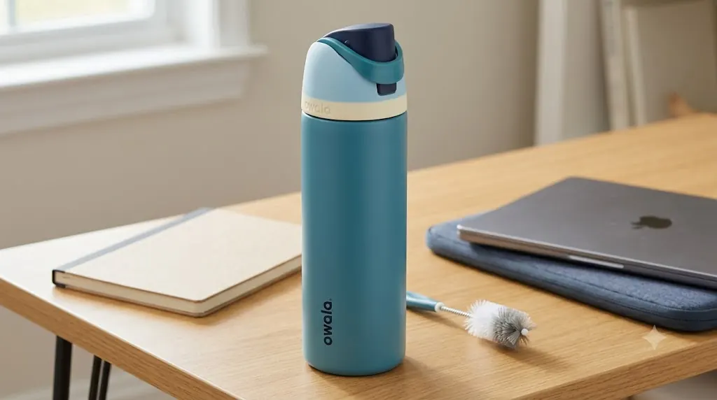Owala FreeSip 24 oz insulated bottle on a school or work desk with a notebook, laptop sleeve, and cleaning brush