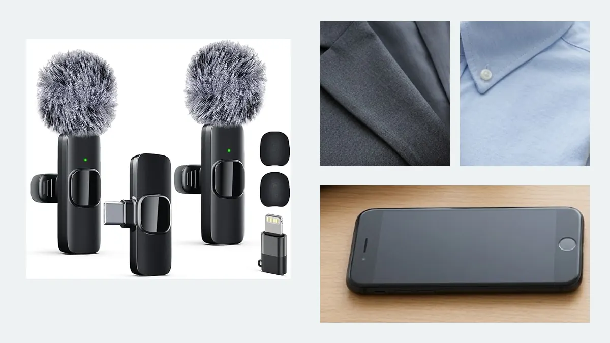 Two tall clip-on wireless microphone transmitters with a USB-C receiver and separate Lightning adapter arranged for a two-person iPhone recording setup