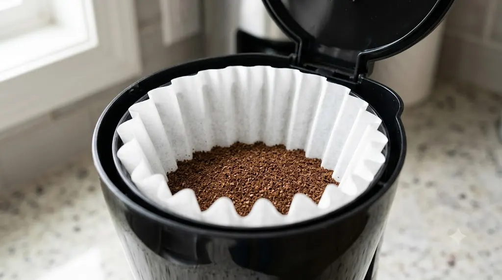 White flat-bottom basket coffee filter seated inside an 8-12 cup drip coffee maker brew basket