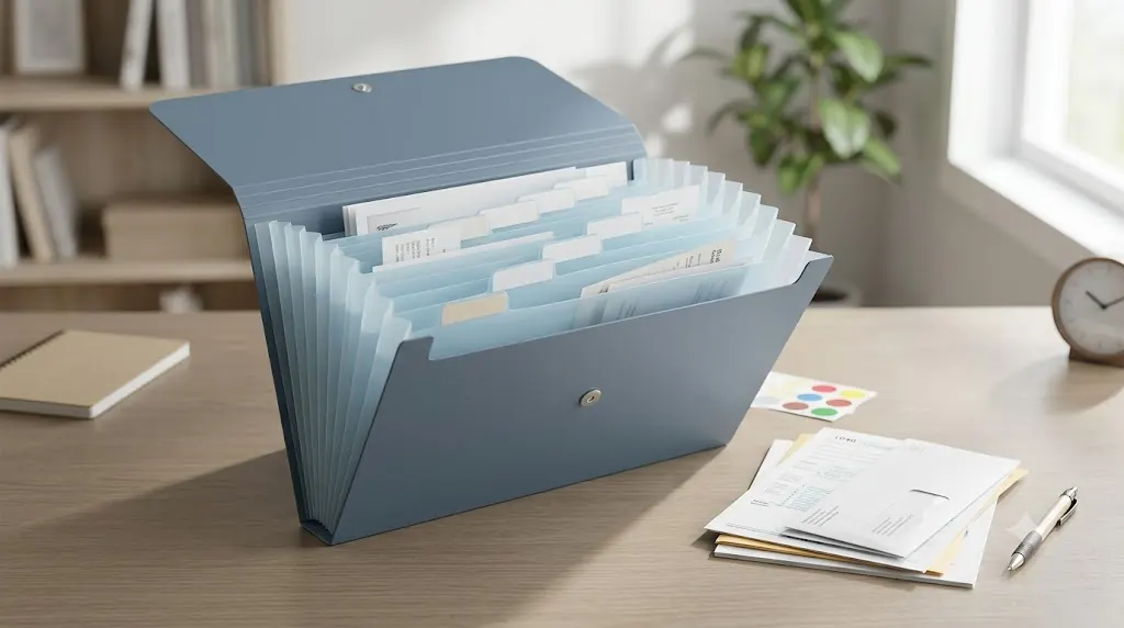 Blue portable expanding file organizer open on a home office desk with bills receipts envelopes and blank labels