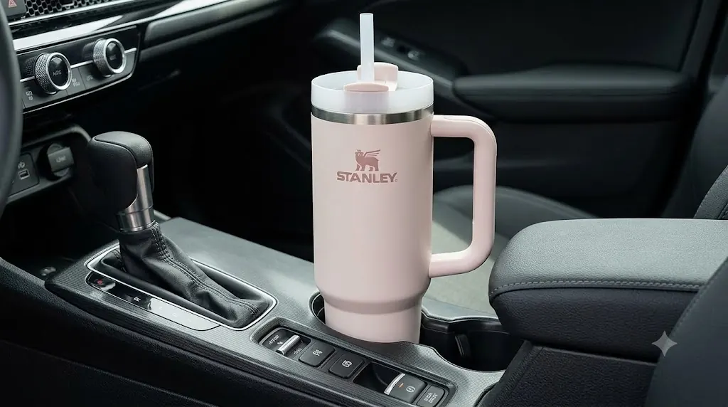 A 30 oz handled straw tumbler seated upright in a compact car cup holder with clearance around the handle, shifter, and armrest