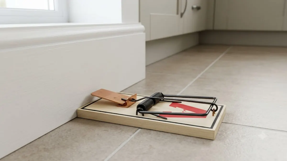 Mouse snap trap placed with the bait end beside a kitchen wall in a protected, retrievable location.