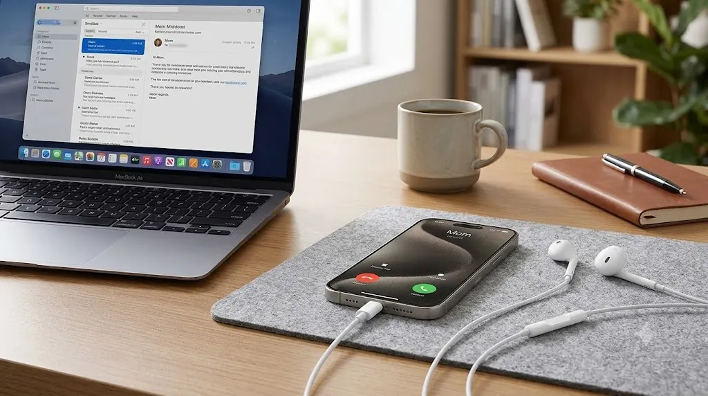 USB-C wired EarPods connected to an iPhone 15 on a desk for calls and music