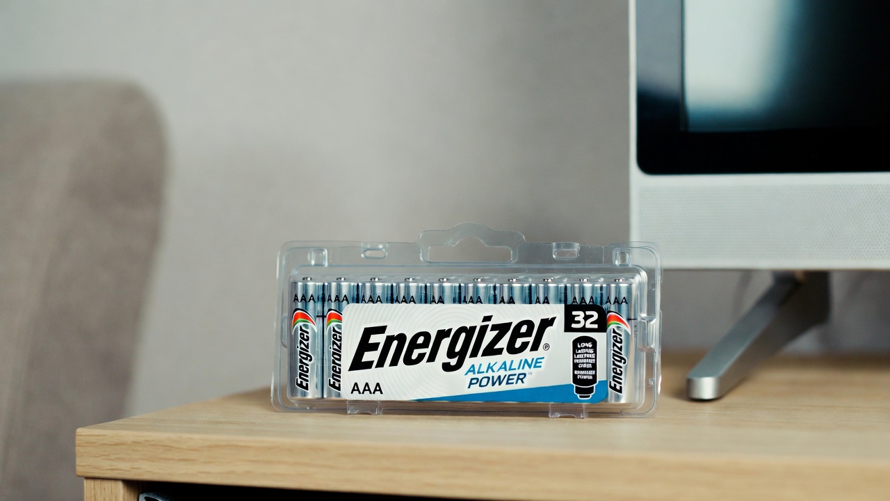 Energizer Alkaline Power AAA batteries shown in a 32-count bulk pack for household use.