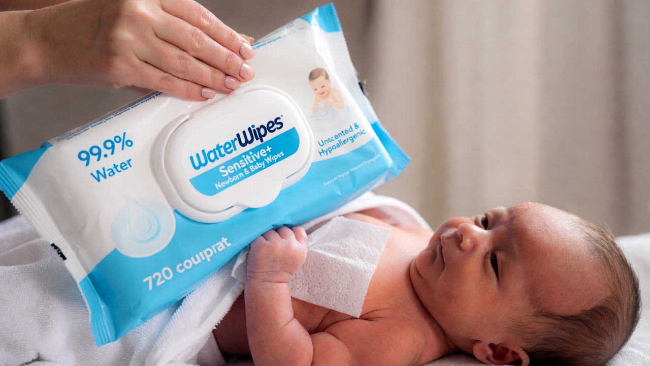 WaterWipes Sensitive+ Newborn & Baby Wipes package with 99.9% water and fruit extract