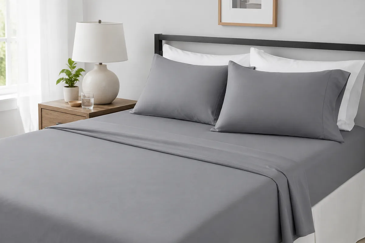 Amazon Basics microfiber sheet set in dark gray on a bed