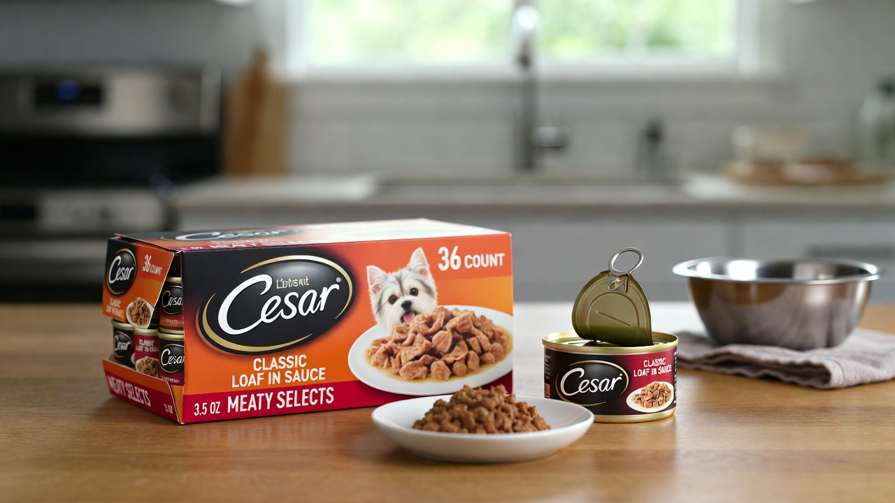 Cesar Classic Loaf in Sauce wet dog food tray with peel-away seal