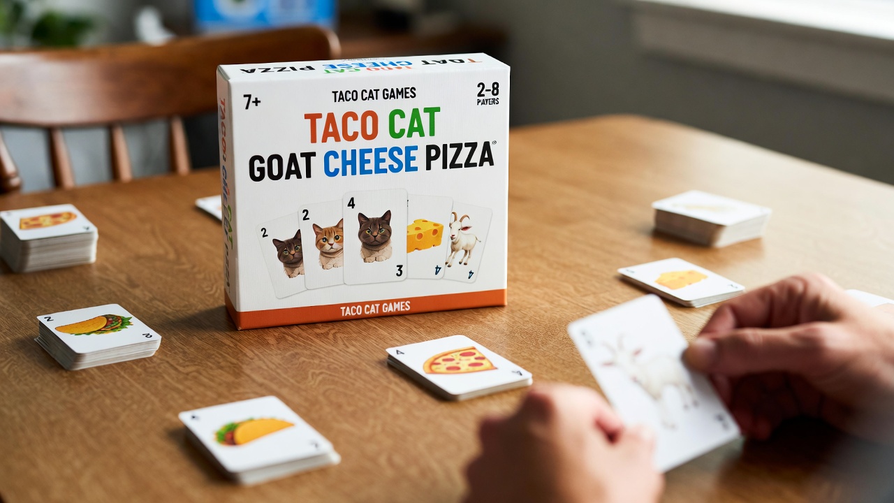 Taco Cat Goat Cheese Pizza card game with players chanting and slapping