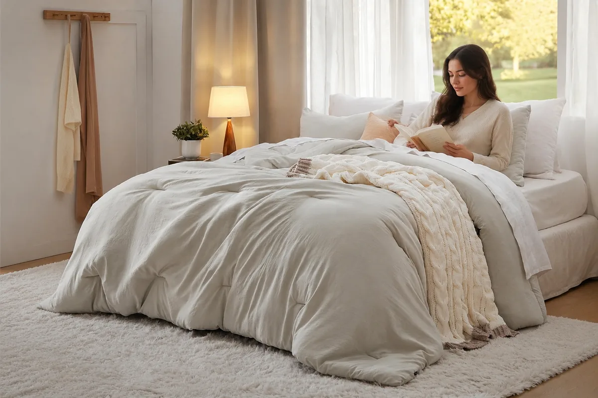 Bedsure King Comforter Set in beige, neatly folded on a bed, showing its soft texture and reversible design.