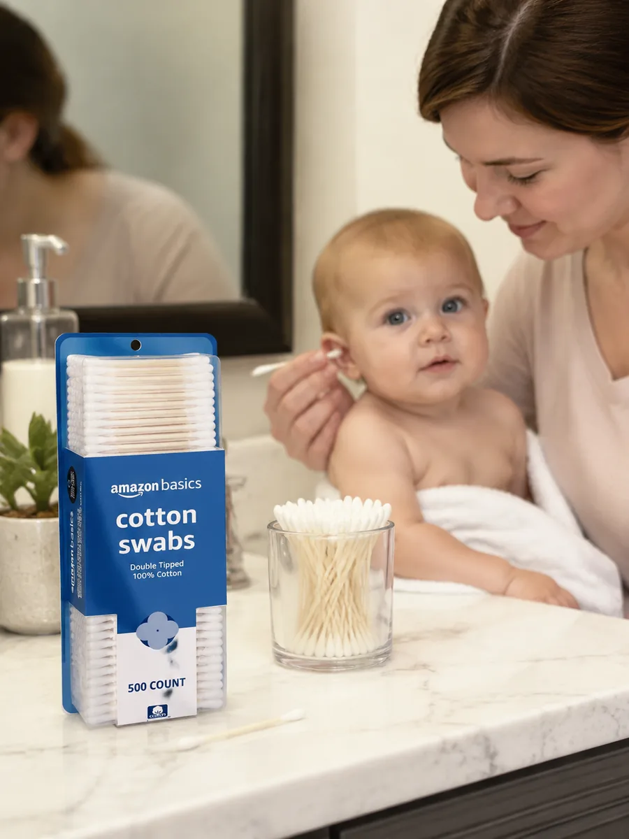 Amazon Basics Double-Tipped Cotton Swabs in a clear plastic box