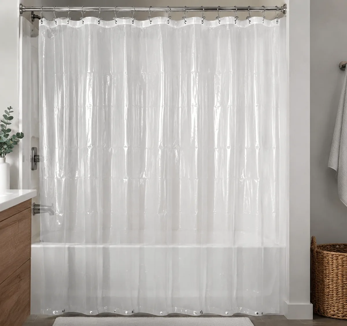 Clear PEVA shower curtain liner with reinforced header and metal grommets shown hanging in a bathtub.