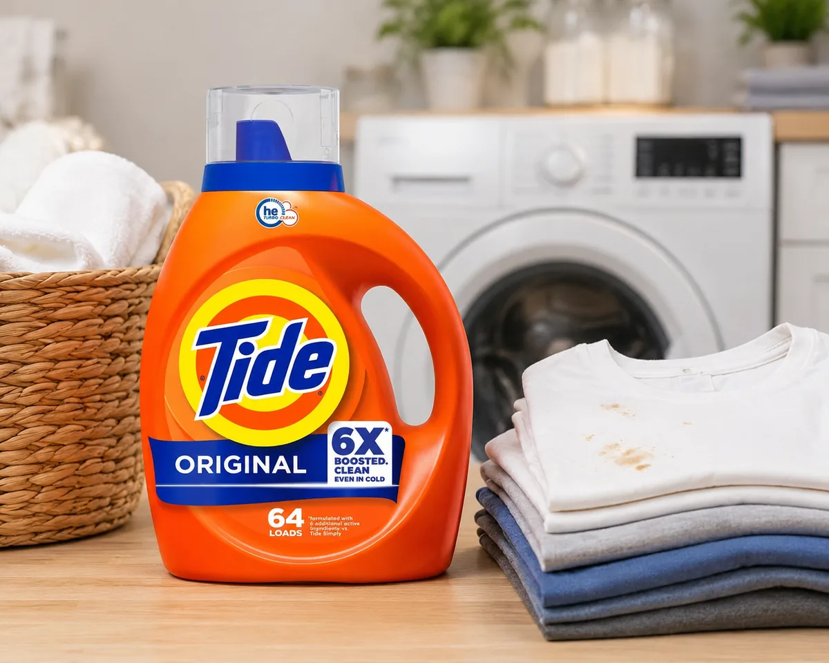 Tide Original Liquid Laundry Detergent bottle with blue and orange label