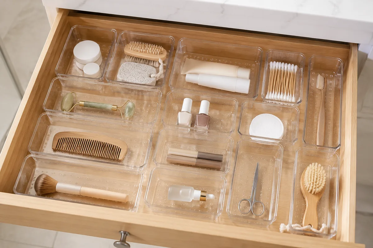 Clear plastic drawer organizer bins in multiple sizes arranged in a drawer