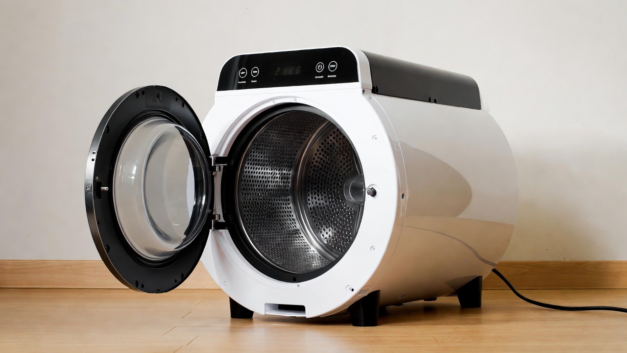 MOJOCO Portable Clothes Dryer hanging on a door with clothes inside