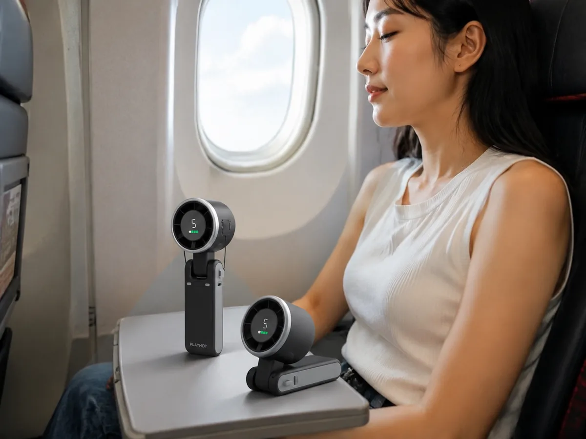 PlayHot portable handheld turbo fan shown in its foldable 3-in-1 design with LED display and 7-blade assembly
