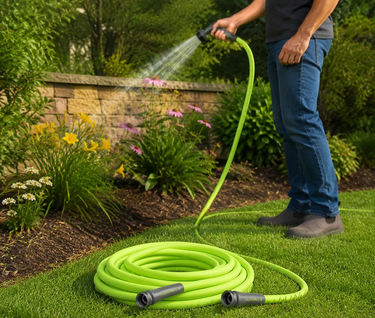 Flexzilla Garden Hose coiled on a lawn, showing its flexible and lightweight design