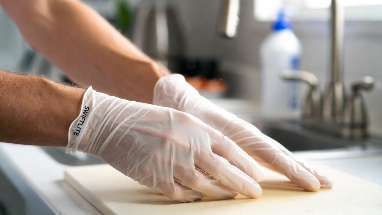 SWIFTLITE Disposable Vinyl Gloves, Food Safe, clear vinyl gloves on a kitchen counter