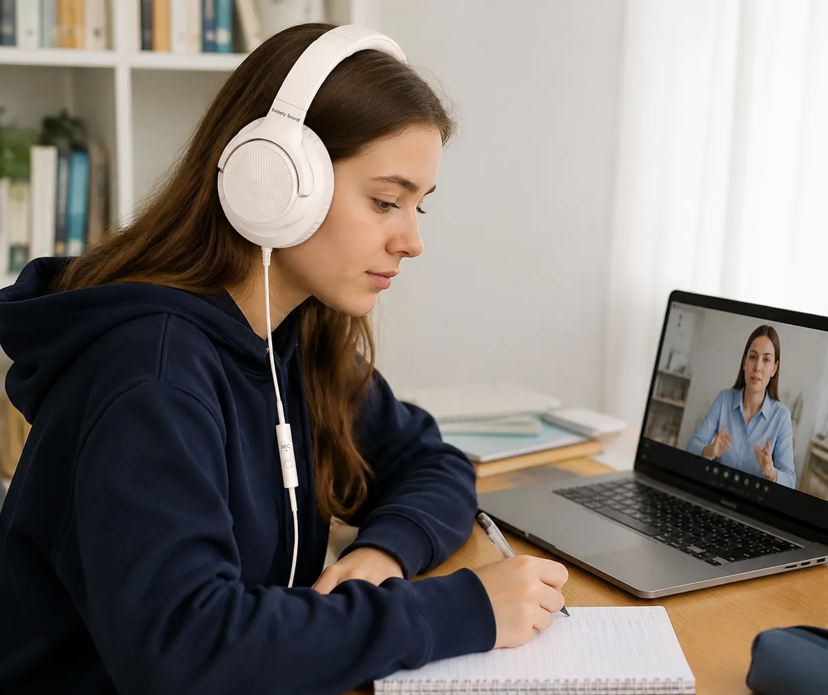 Wired over-ear headphones with microphone, foldable design, beige color