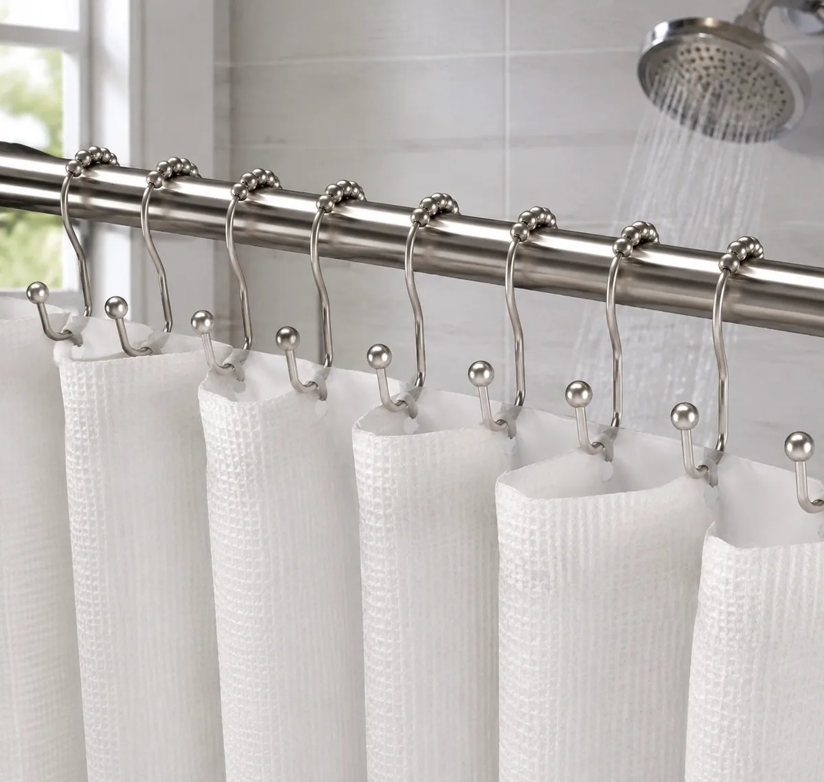 Titanker double-glide shower curtain hooks with nickel finish, showing dual hooks and roller balls.