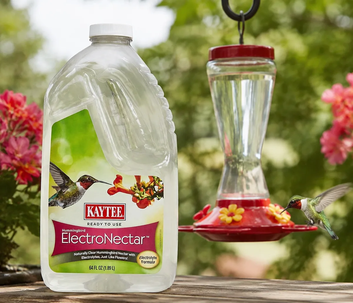 Bottle of Kaytee Hummingbird ElectroNectar ready-to-use liquid nectar