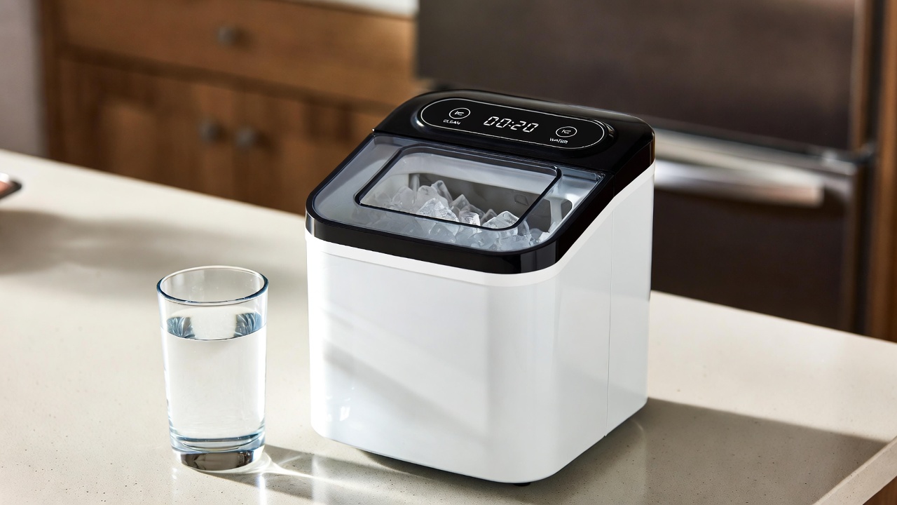 EUHOMY nugget ice maker countertop with handle, black, producing chewable nugget ice.
