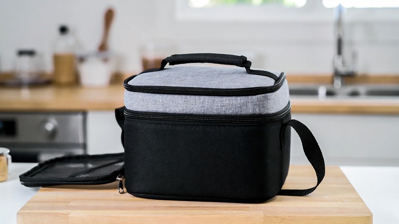 ZM-YOUTOO Lunch Box for Men in gray, showing its compact size and side pockets.