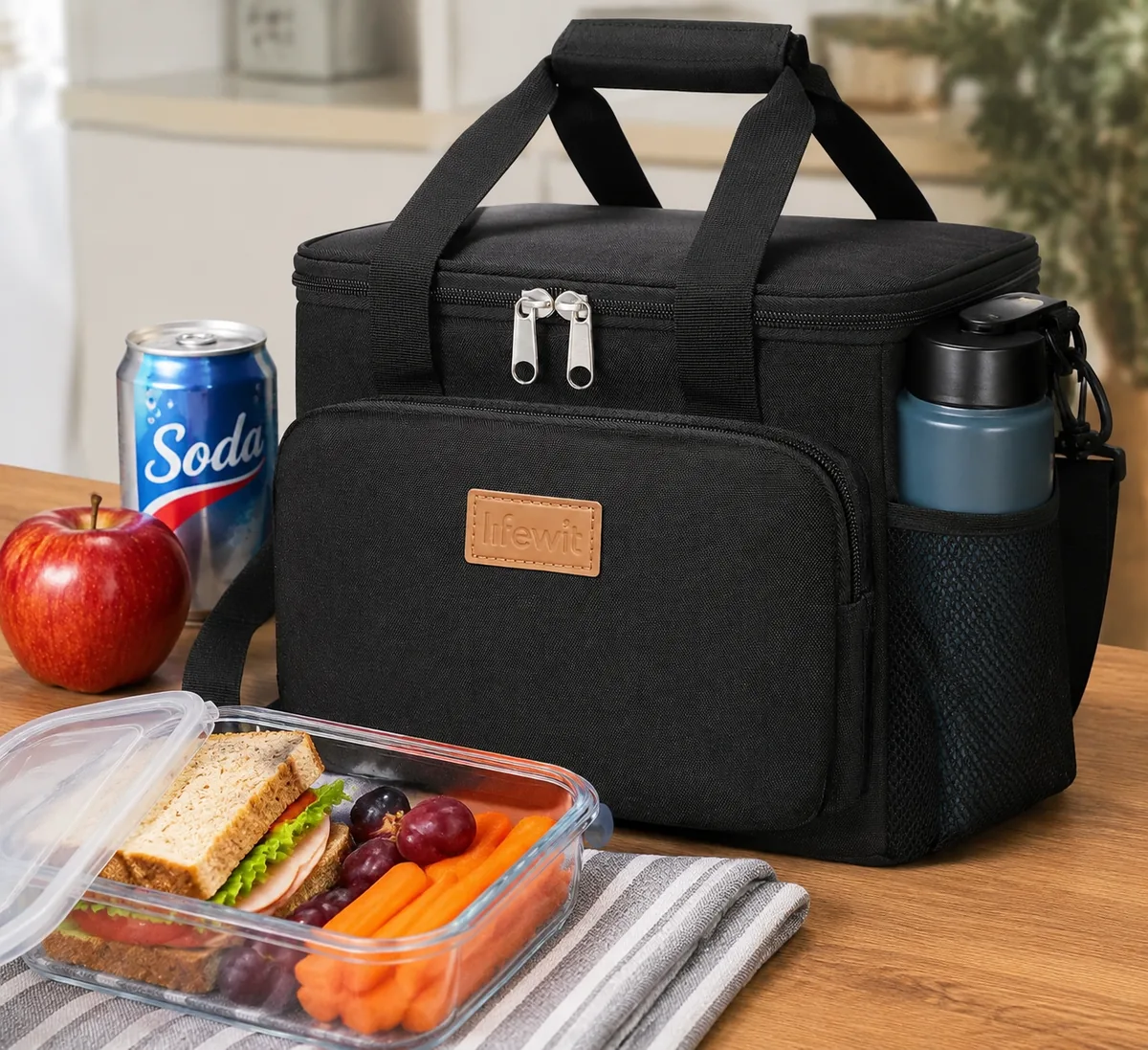 Lifewit medium insulated lunch bag in black, shown upright with a wide-open lid and two-way zippers