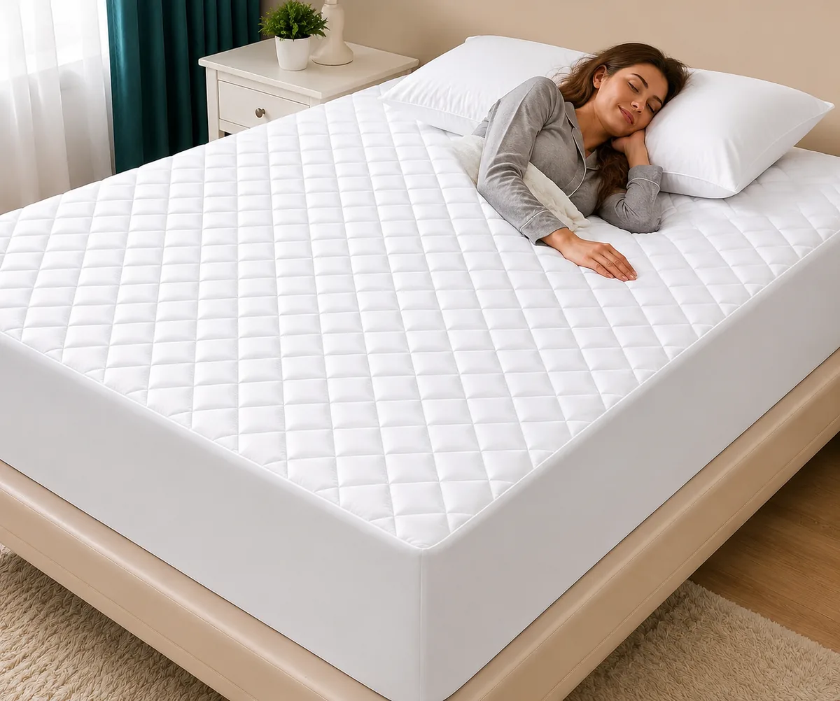 Utopia Bedding Queen Quilted Fitted Mattress Pad in white, showing deep pocket and elastic edges.