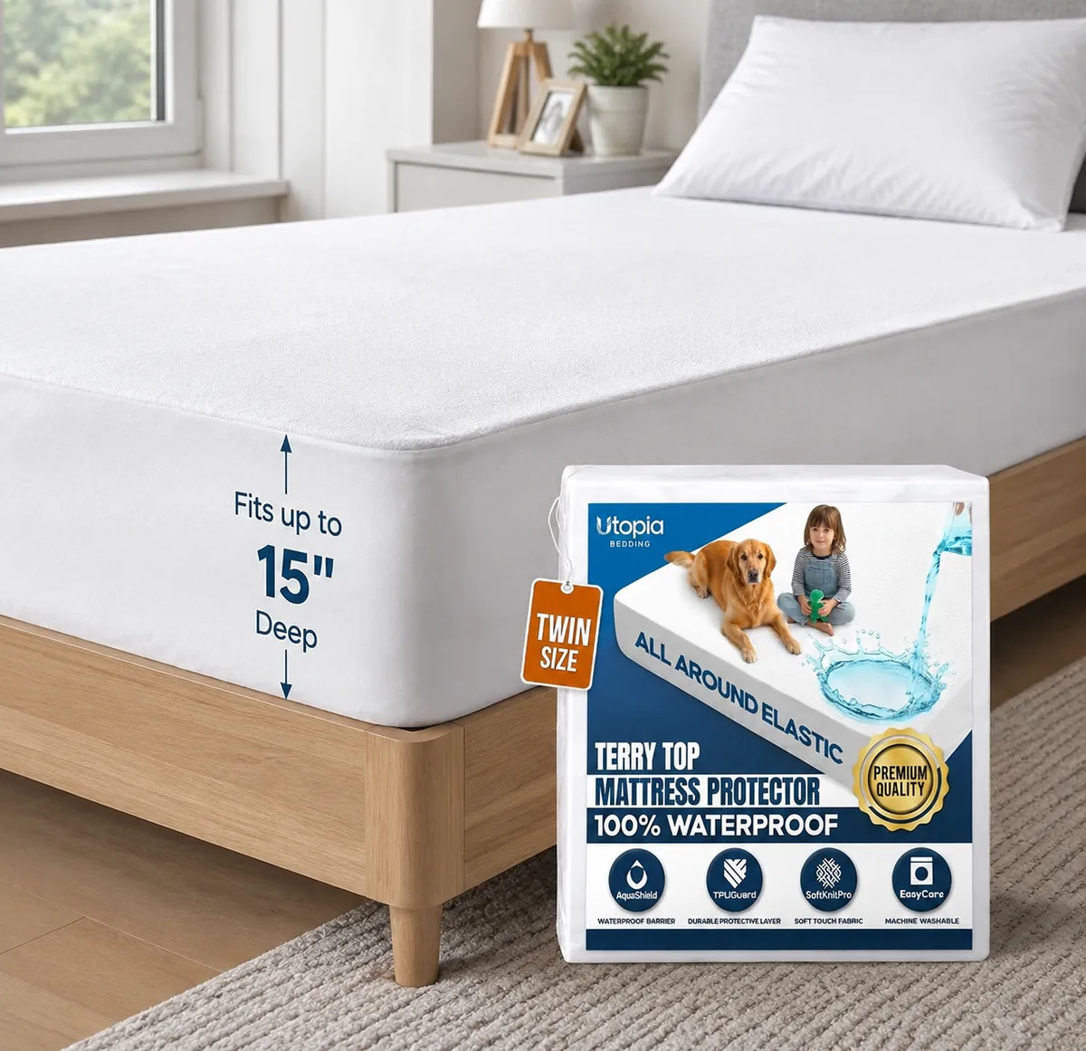 Waterproof twin mattress protector with deep pockets and elastic band fitted on a mattress