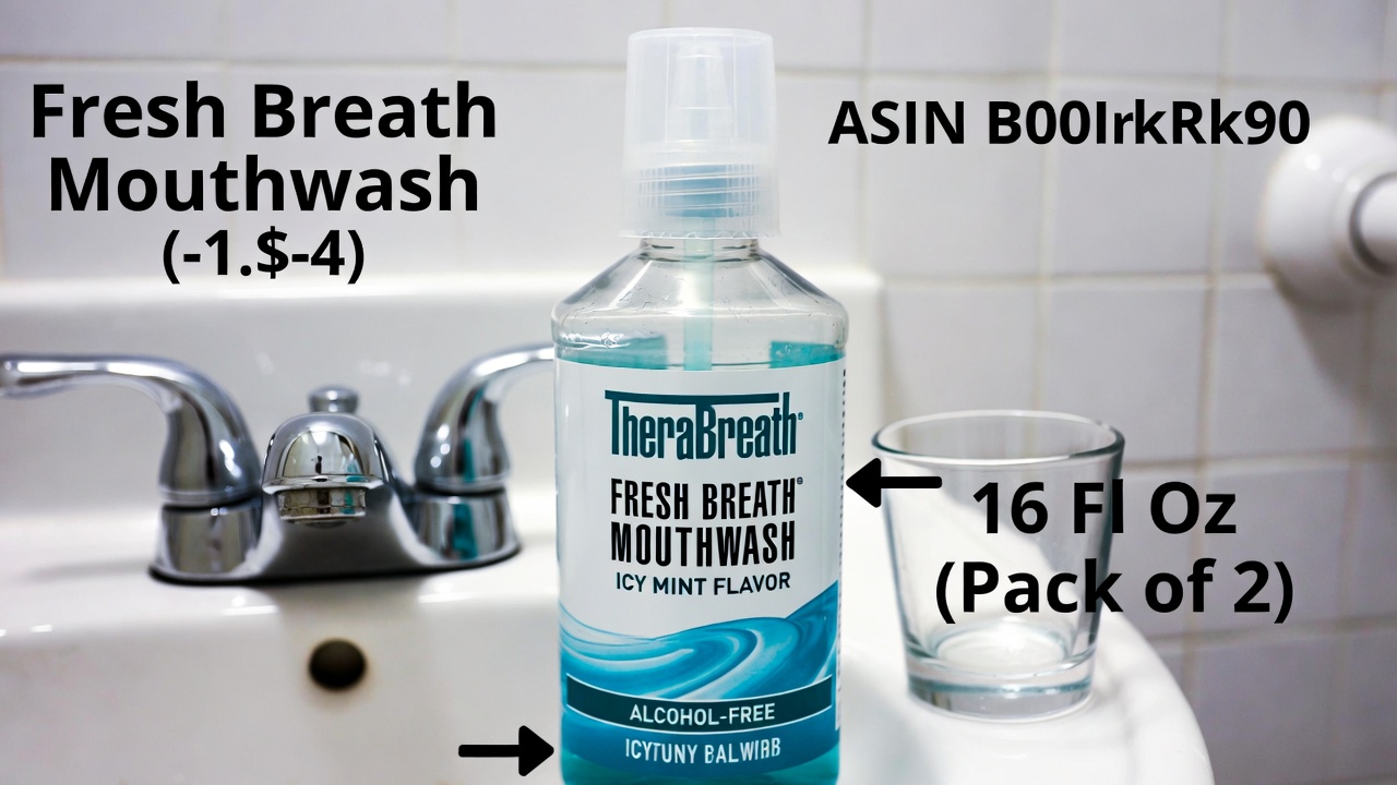 TheraBreath Fresh Breath Mouthwash bottle in Icy Mint flavor