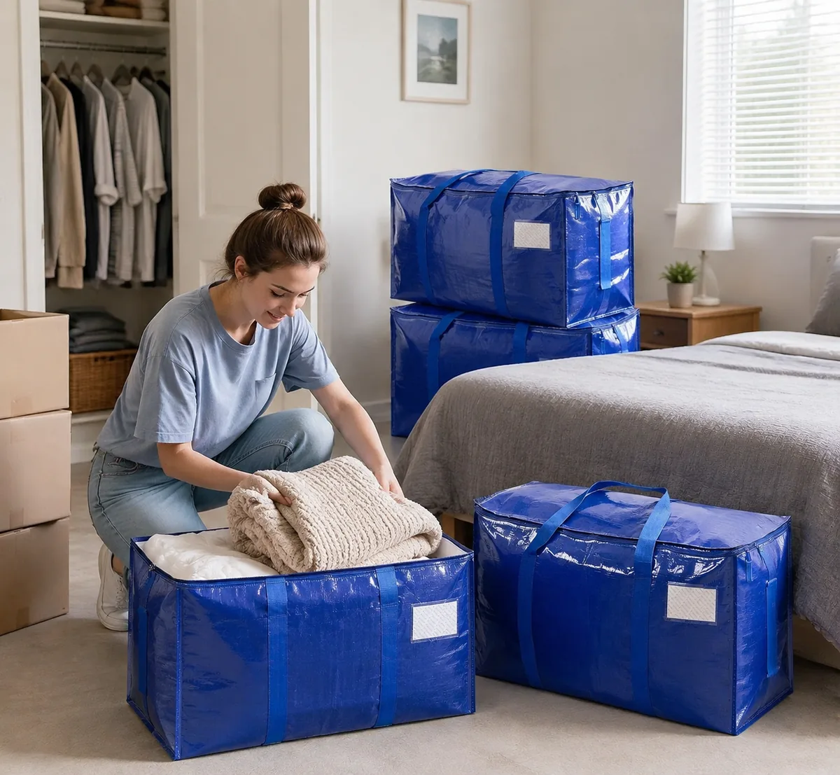 TICONN extra large moving bags in blue, stacked and ready for use
