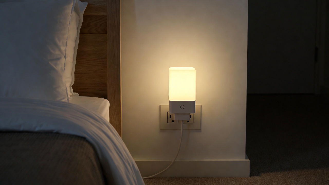 LOHAS LED night light plugged into a hallway outlet, emitting a warm 3000K glow.