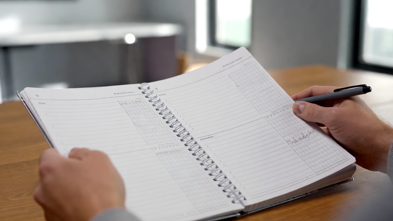 Five Star Flex Refillable Notebook with dividers and pockets, lying flat on a desk.