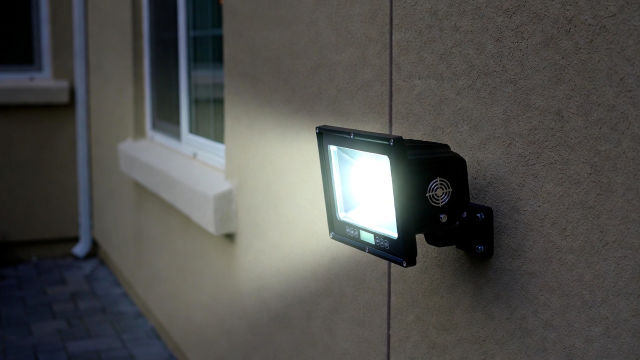 Tuffenough solar motion sensor light with three adjustable heads mounted on a wall, illuminating a yard at dusk.