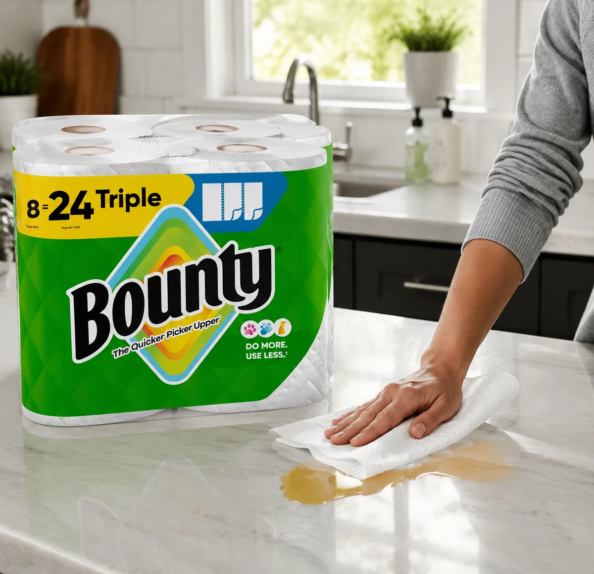 Bounty Select-A-Size paper towels on a kitchen counter with a roll and a sheet being torn off.