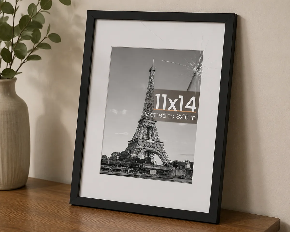upsimples 11x14 picture frame in black, displayed on a wall with a photo