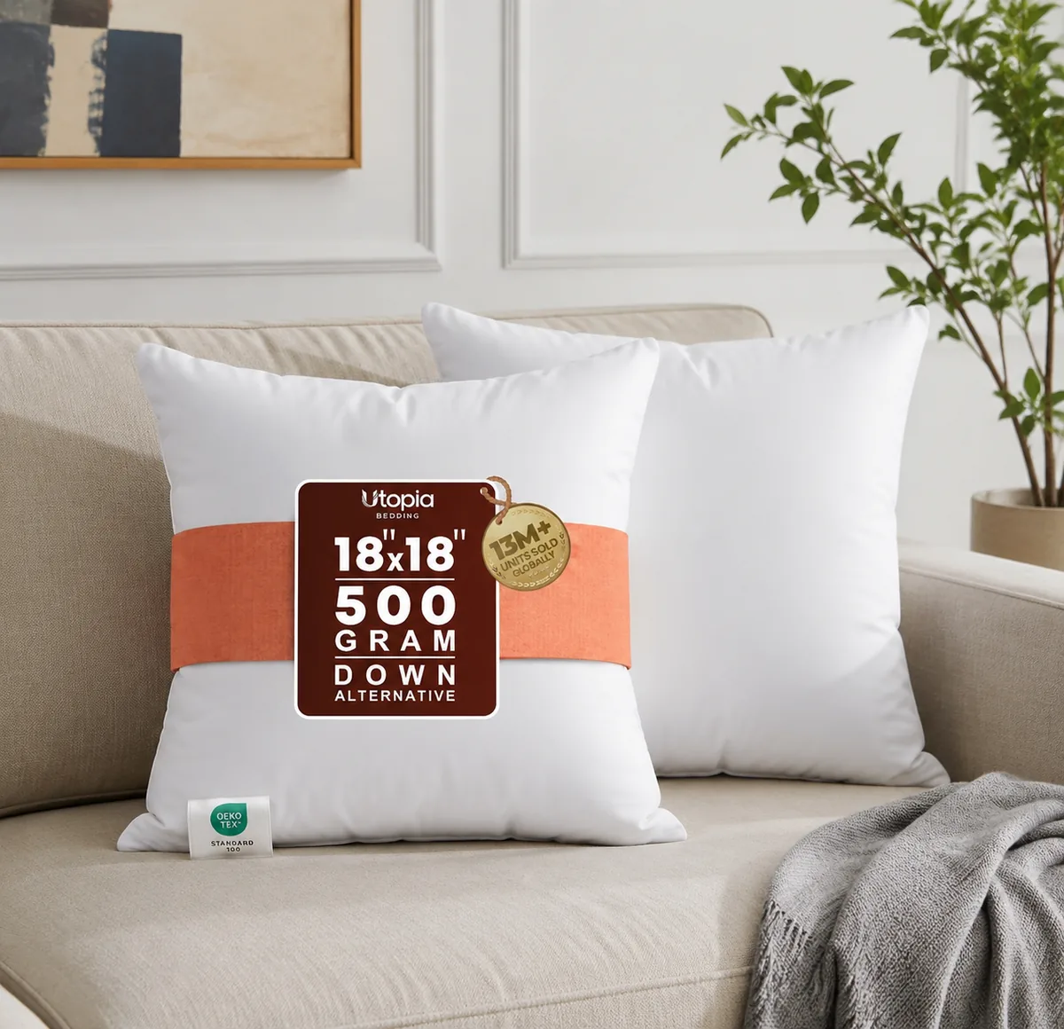 Utopia Bedding 18x18 white pillow inserts shown as a set of two on a neutral surface, displaying their plump and evenly filled square shape