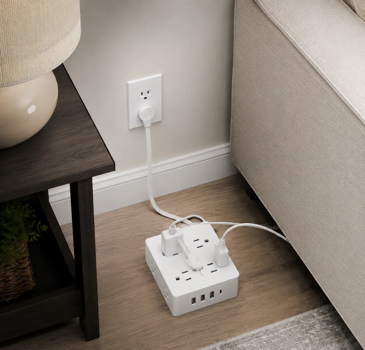 Olcorife flat plug power strip with 8 outlets and 4 USB ports, showing ultra-thin plug and 10-foot cord